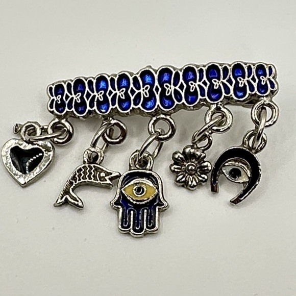 The Unbranded Brand Jewelry - Vintage Silver Tone Brooch Pin Blue Enamel Hamsa Evil Eye Charms Luck Protection